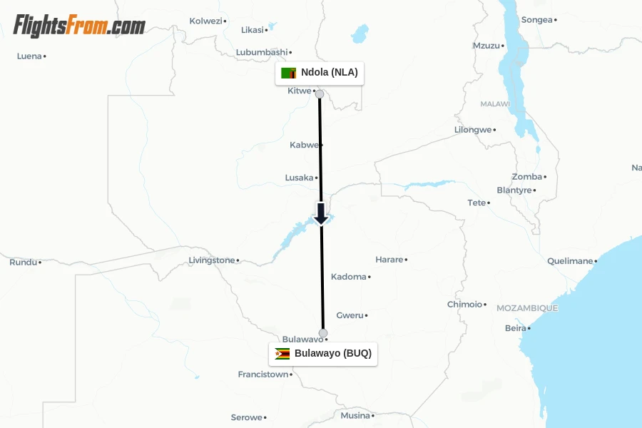 Flights from Ndola to Bulawayo route map