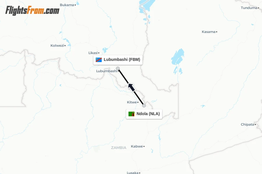 Flights from Ndola to Lubumbashi route map