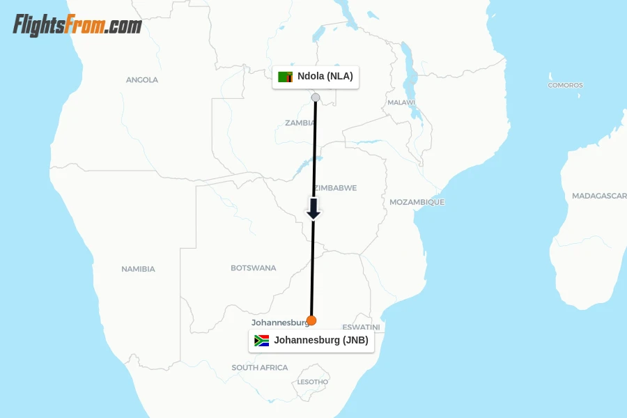 Flights from Ndola to Johannesburg route map