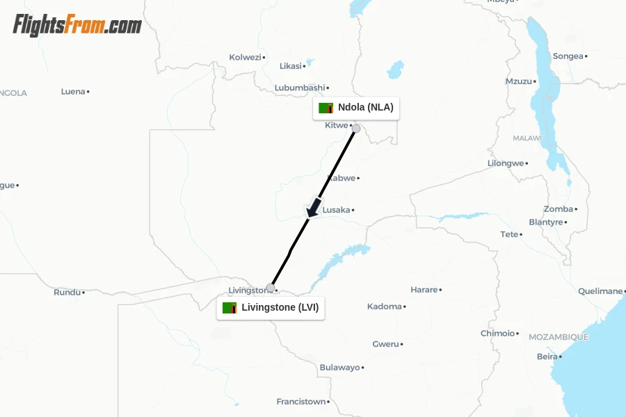 Flights from Ndola to Livingstone route map