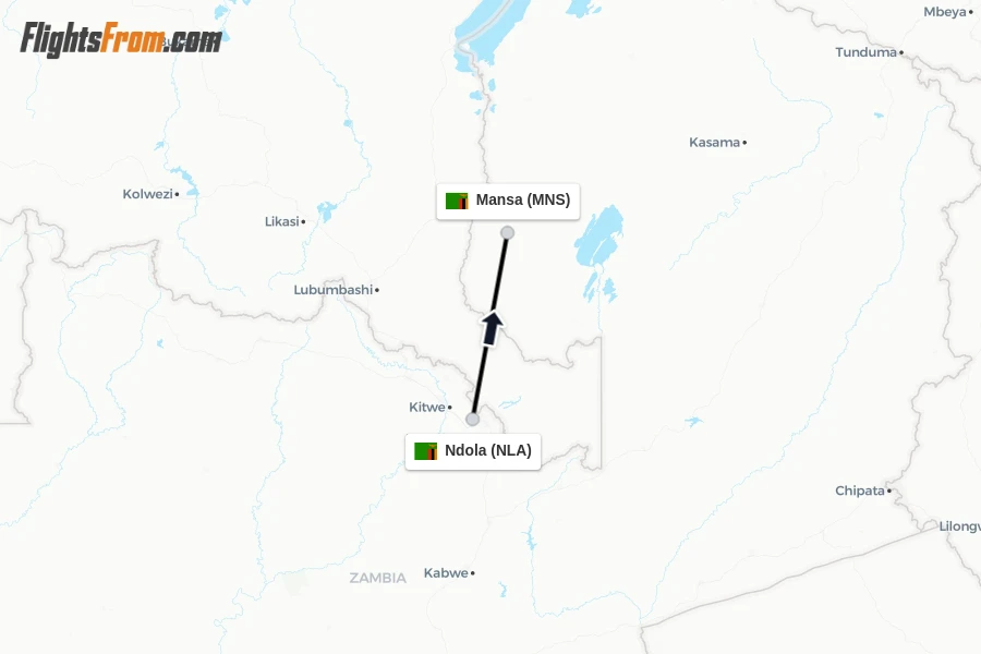 Flights from Ndola to Mansa route map