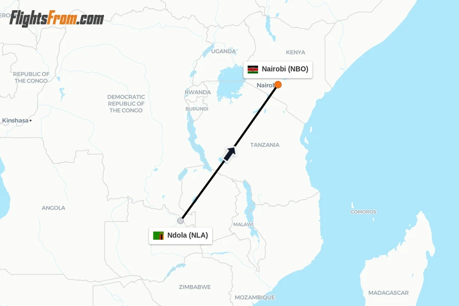Flights from Ndola to Nairobi route map