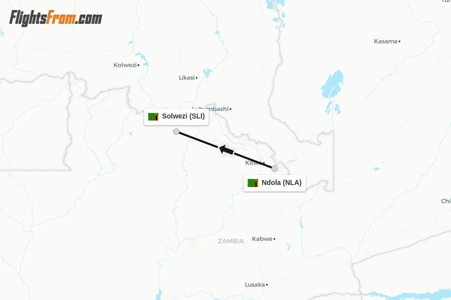 Flights from Ndola to Solwezi route map