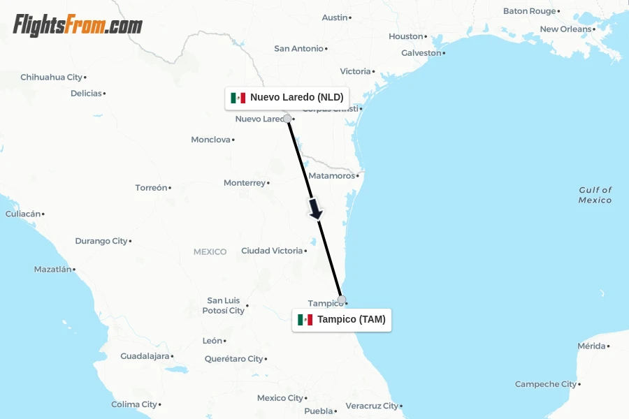 Flights from Nuevo Laredo to Tampico route map