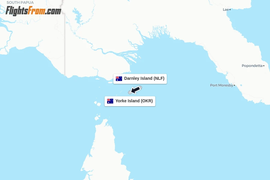 Flights from Darnley Island to Yorke Island route map
