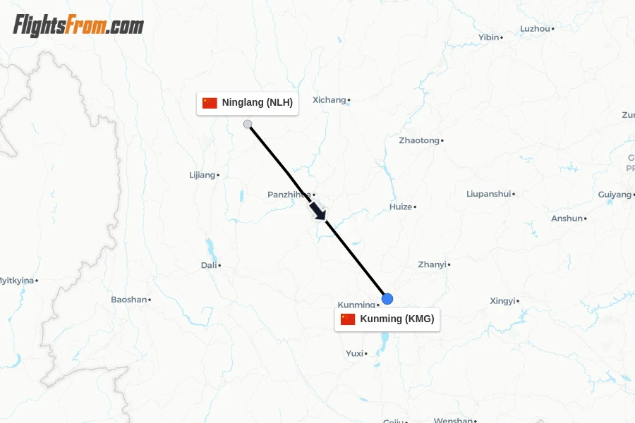 Flights from Ninglang to Kunming route map