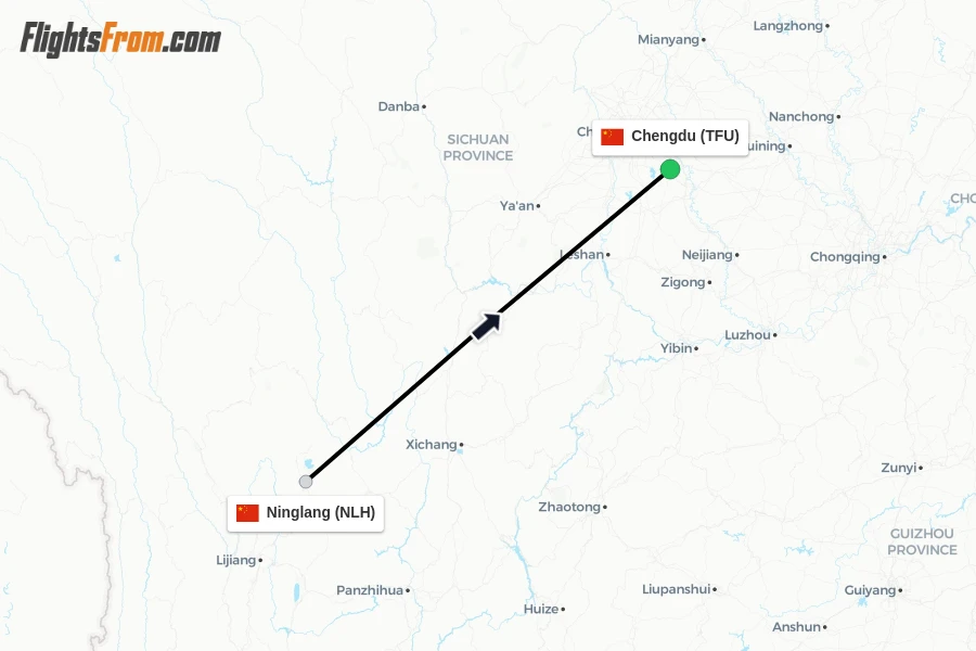 Flights from Ninglang to Chengdu route map