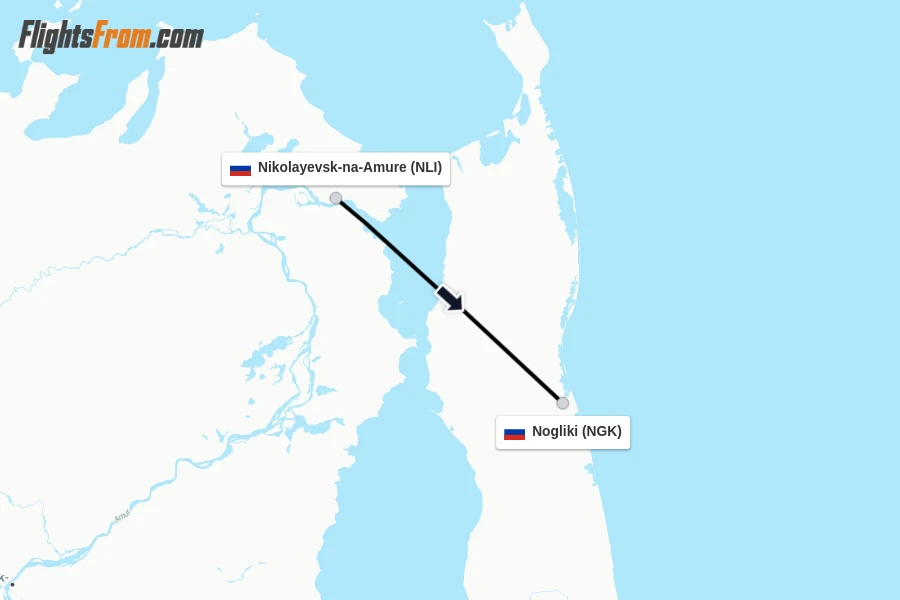 Flights from Nikolayevsk-na-Amure to Nogliki route map