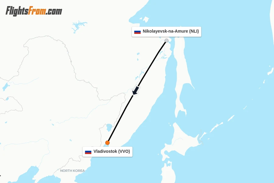 Flights from Nikolayevsk-na-Amure to Vladivostok route map