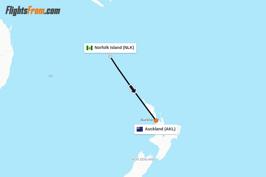 Flights from Norfolk Island to Auckland route map