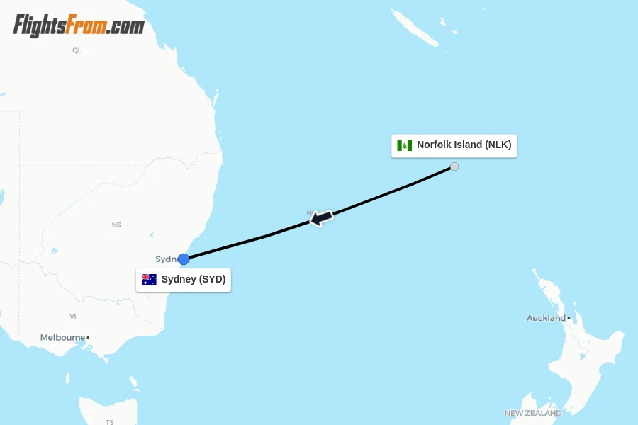 Flights from Norfolk Island to Sydney route map