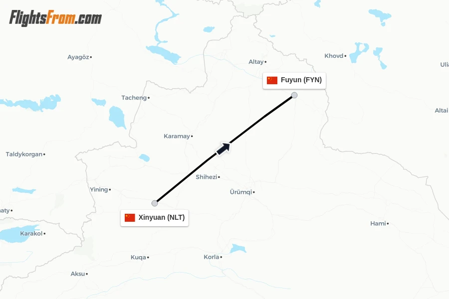 Flights from Xinyuan to Fuyun route map