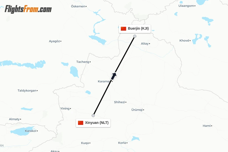 Flights from Xinyuan to Buerjin route map