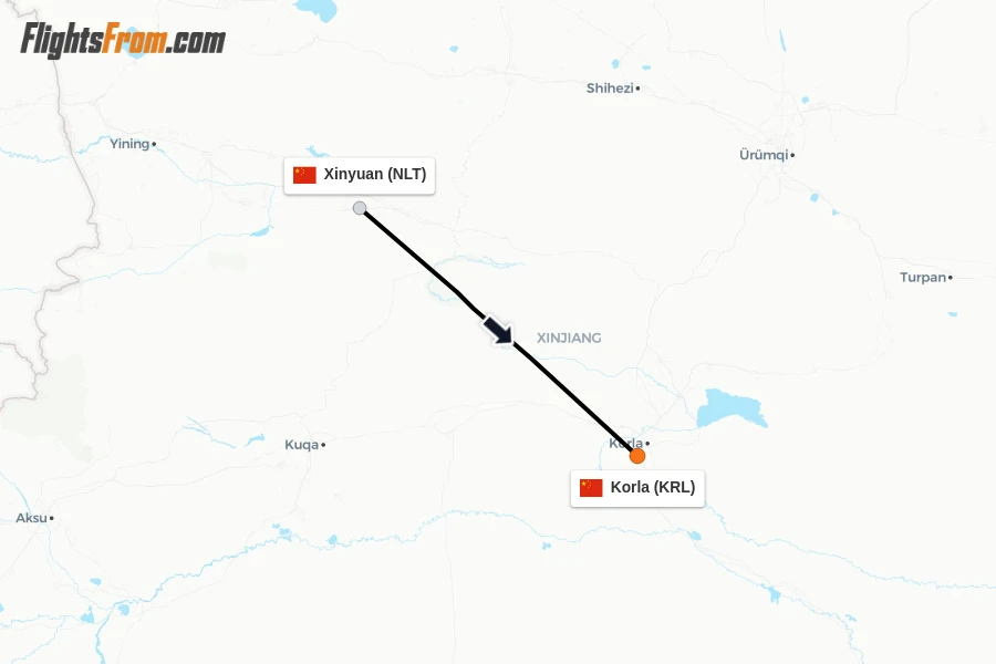 Flights from Xinyuan to Korla route map