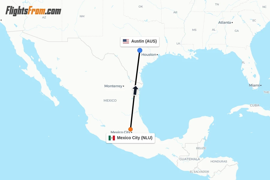 Flights from Mexico City to Austin route map
