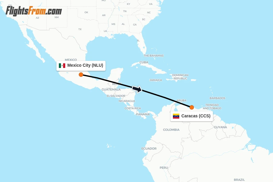 Flights from Mexico City to Caracas route map