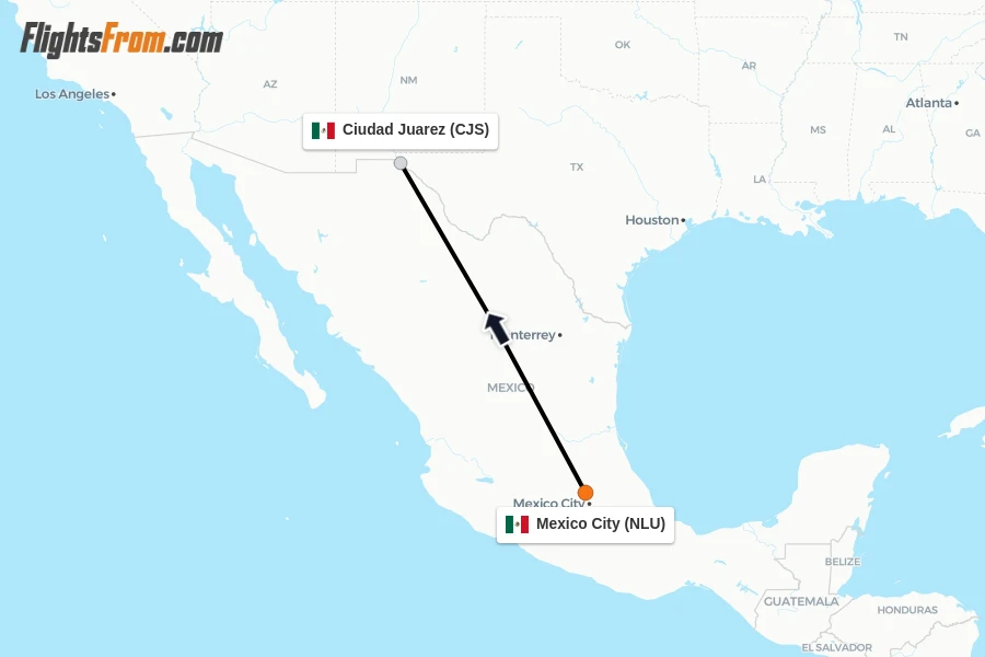 Flights from Mexico City to Ciudad Juarez route map