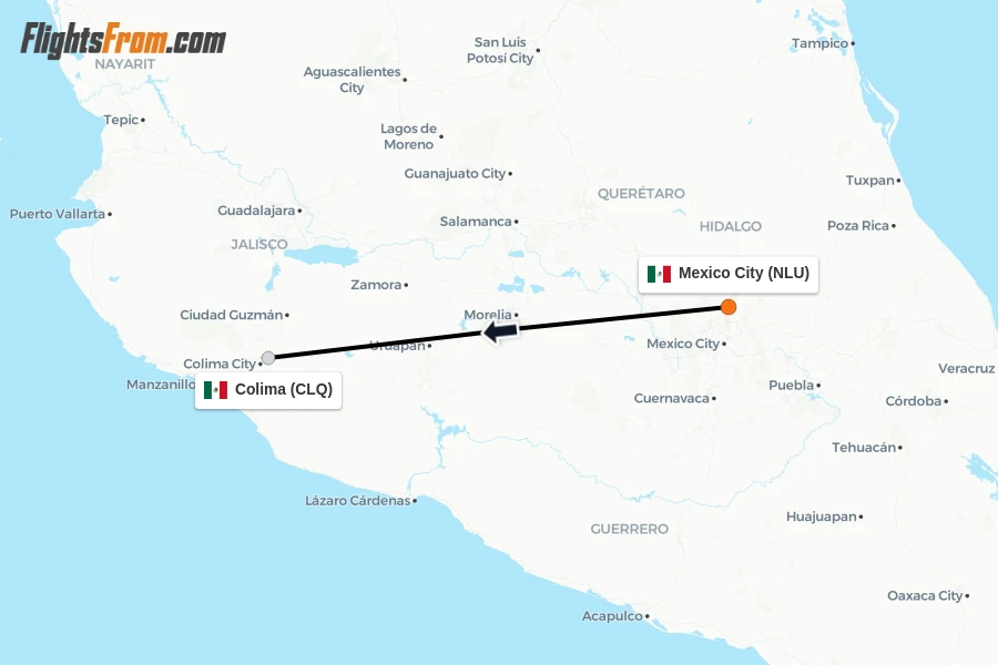 Flights from Mexico City to Colima route map