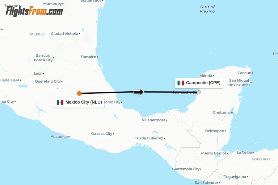 Flights from Mexico City to Campeche route map