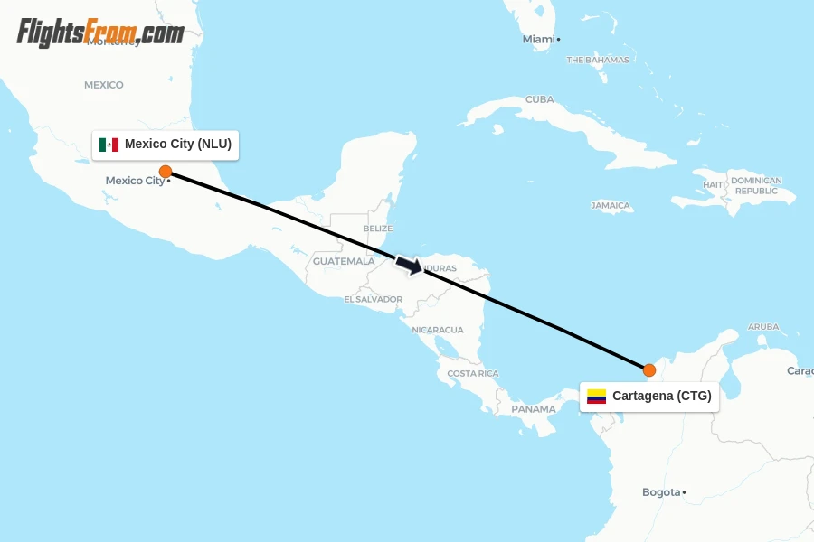 Flights from Mexico City to Cartagena route map