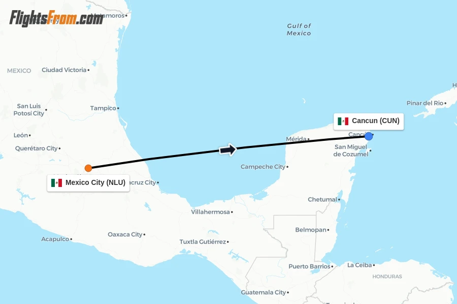 Flights from Mexico City to Cancun route map