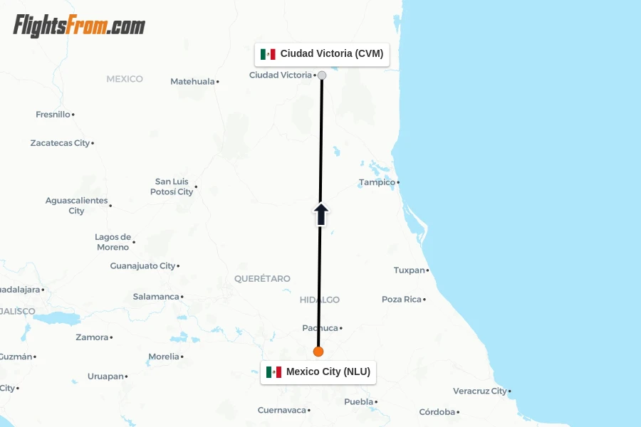 Flights from Mexico City to Ciudad Victoria route map