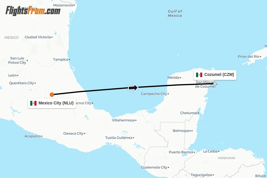 Flights from Mexico City to Cozumel route map