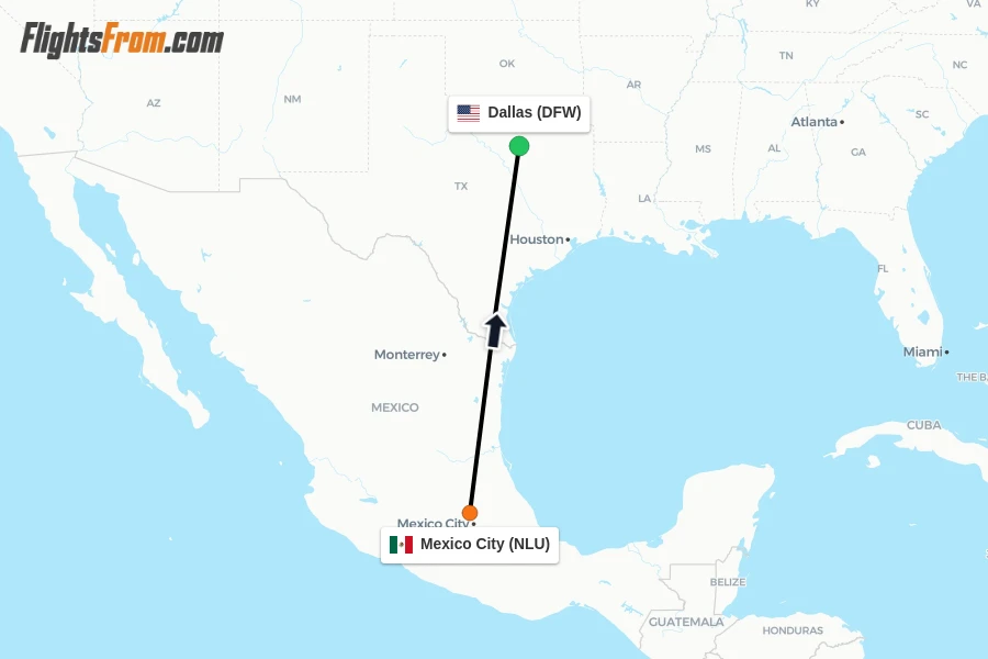 Flights from Mexico City to Dallas route map