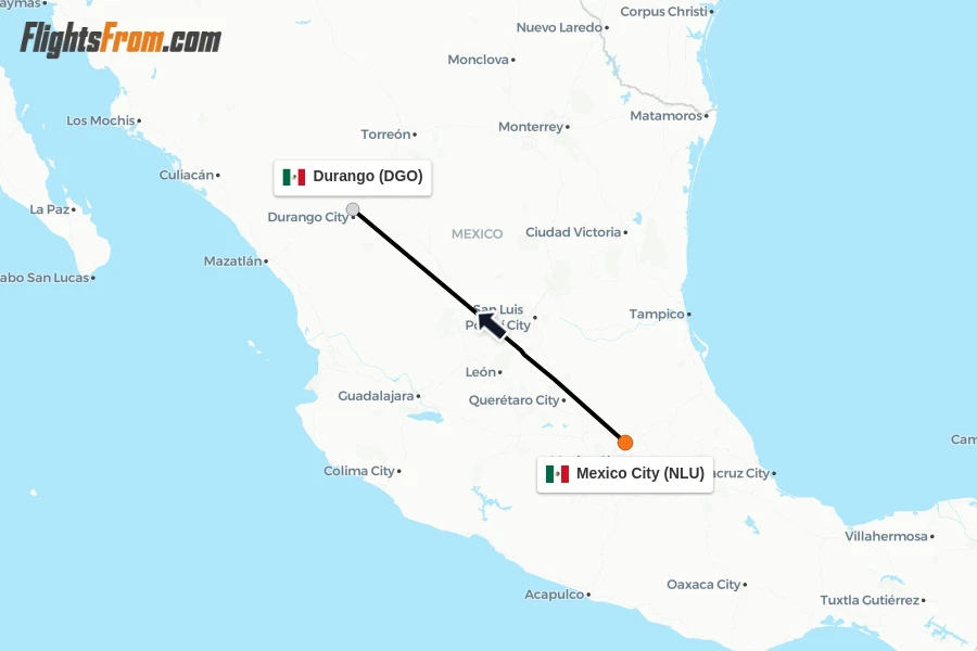 Flights from Mexico City to Durango route map