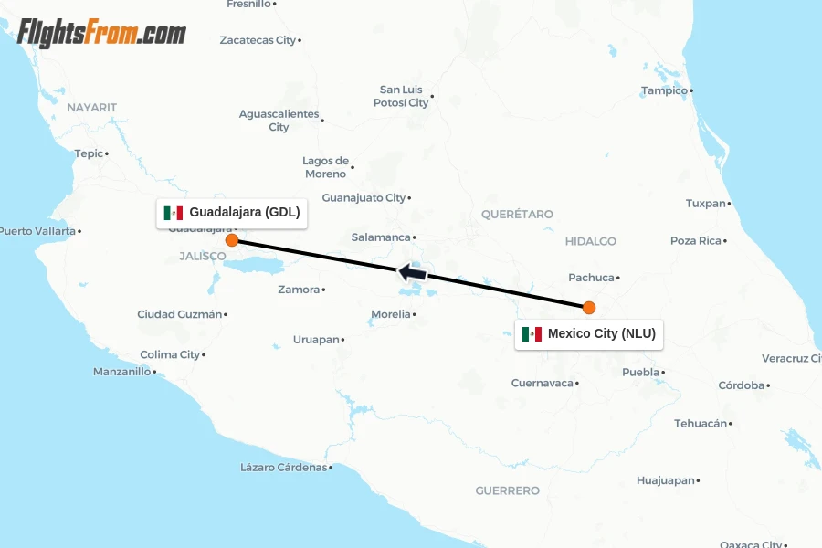 Flights from Mexico City to Guadalajara route map
