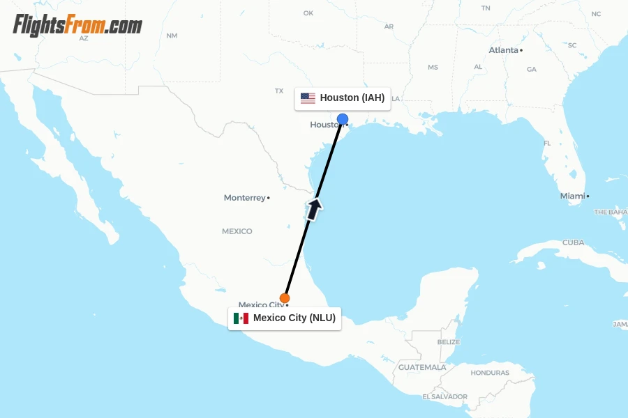 Flights from Mexico City to Houston route map