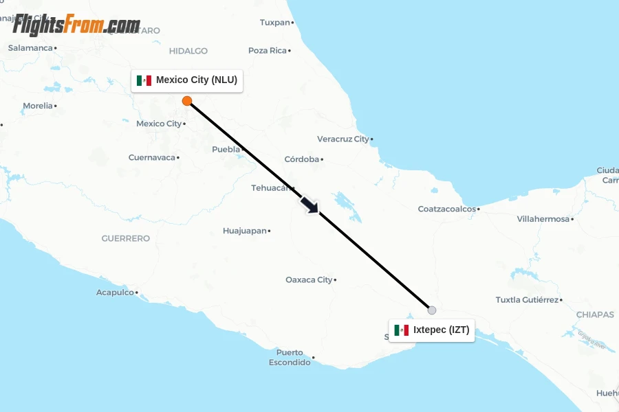 Flights from Mexico City to Ixtepec route map