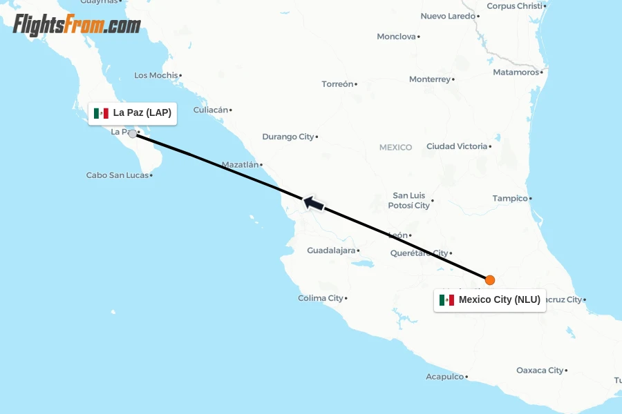 Flights from Mexico City to La Paz route map