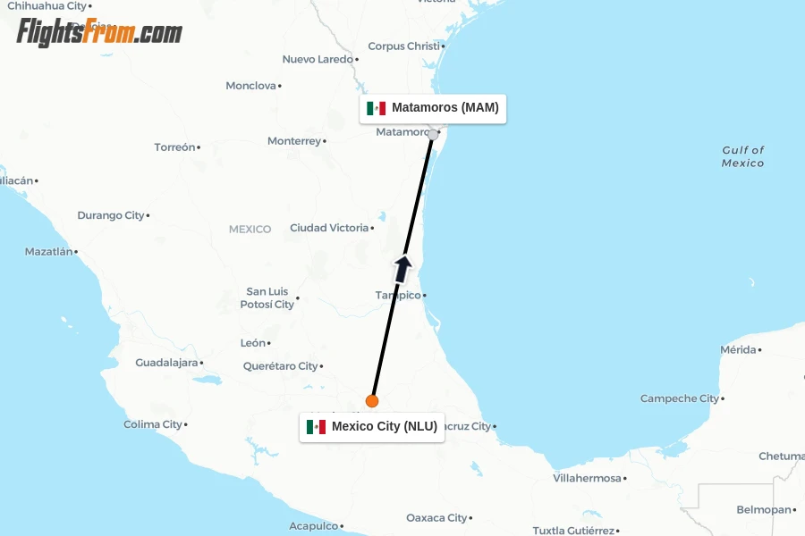Flights from Mexico City to Matamoros route map