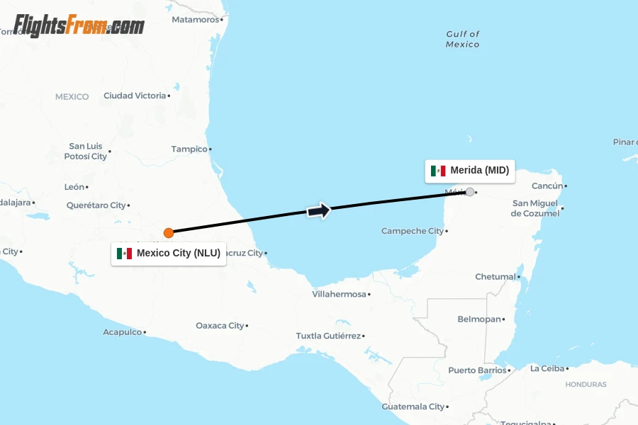 Flights from Mexico City to Merida route map