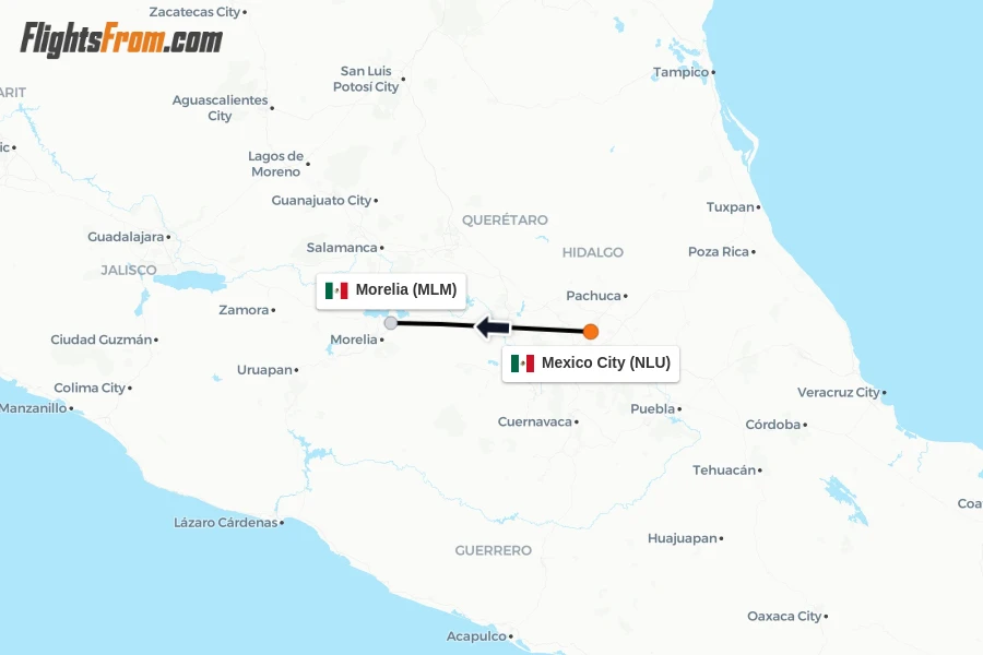Flights from Mexico City to Morelia route map