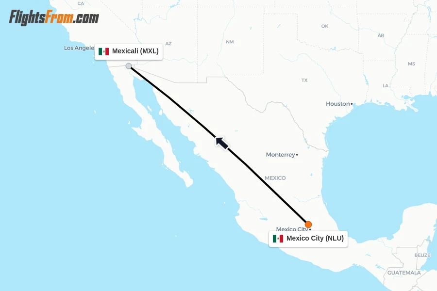 Flights from Mexico City to Mexicali route map