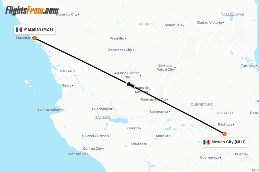Flights from Mexico City to Mazatlan route map