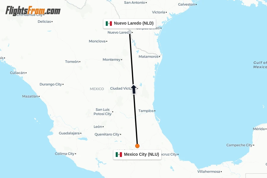 Flights from Mexico City to Nuevo Laredo route map