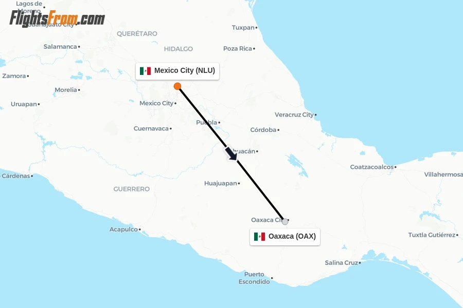 Flights from Mexico City to Oaxaca route map