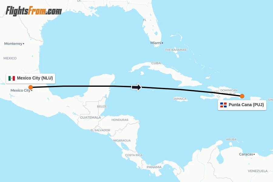 Flights from Mexico City to Punta Cana route map