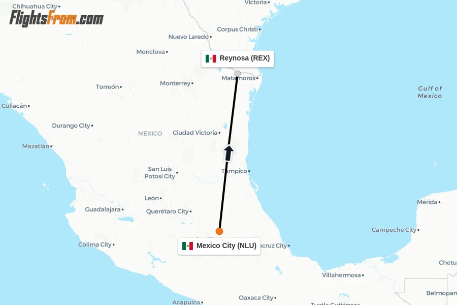 Flights from Mexico City to Reynosa route map