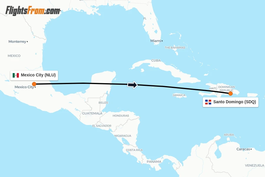 Flights from Mexico City to Santo Domingo route map