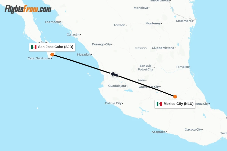 Flights from Mexico City to San Jose Cabo route map