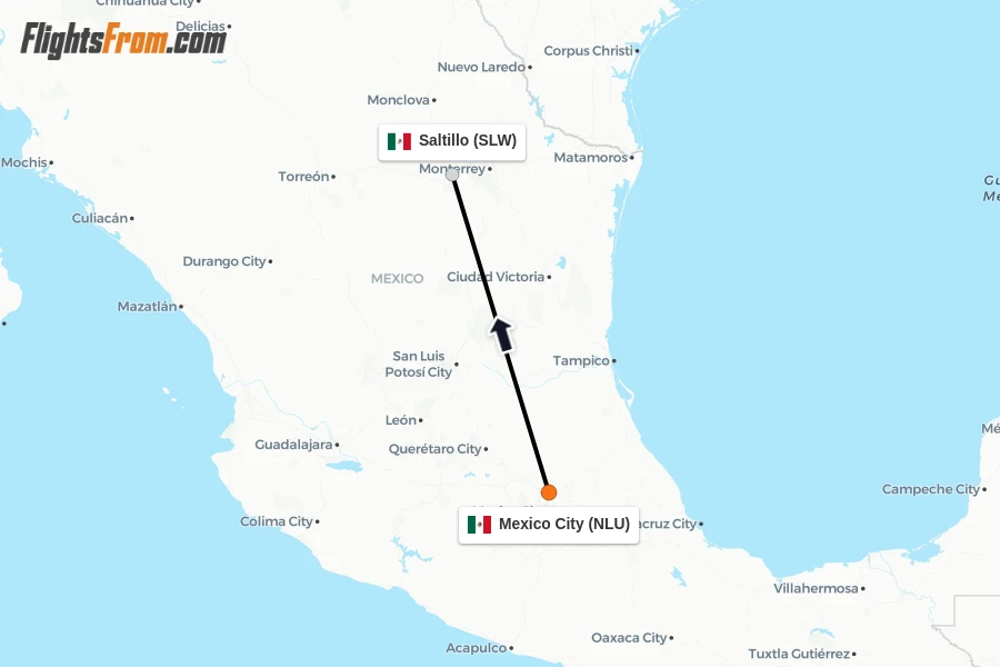 Flights from Mexico City to Saltillo route map