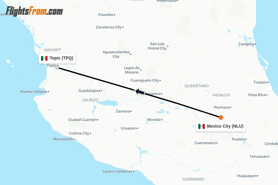 Flights from Mexico City to Tepic route map