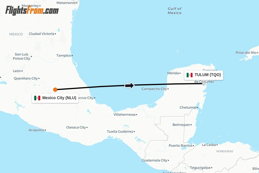 Flights from Mexico City to TULUM route map