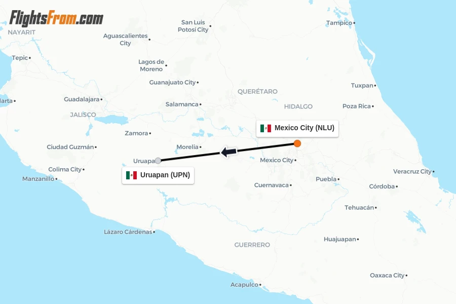 Flights from Mexico City to Uruapan route map