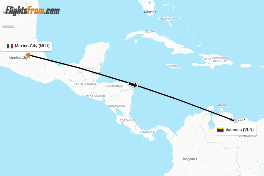 Flights from Mexico City to Valencia route map