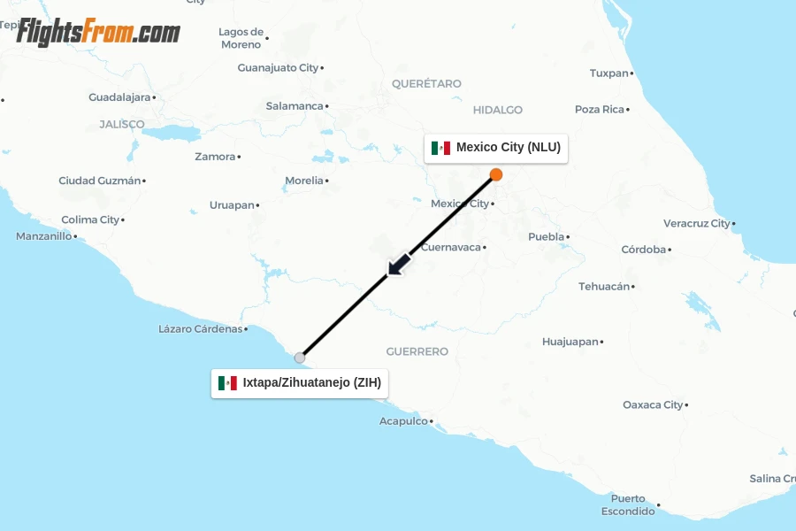 Flights from Mexico City to Ixtapa/Zihuatanejo route map